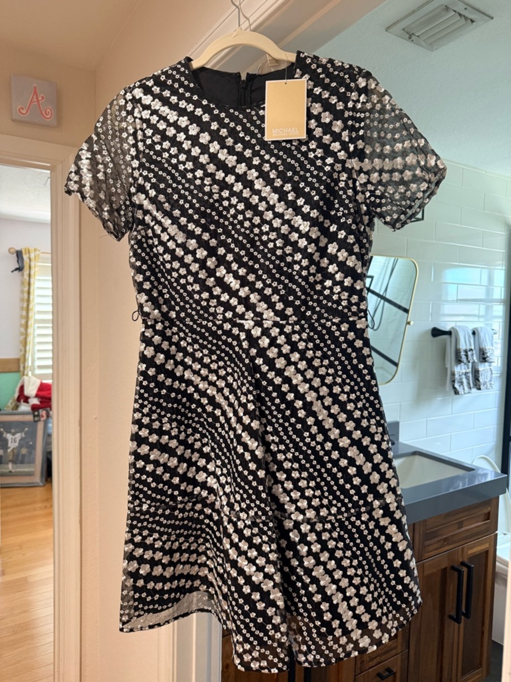 Michael Kors Black & White Floral Dot Mesh A-Line Mini Dress